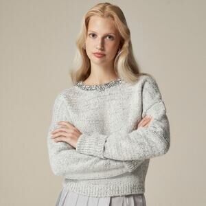 J. Crew Embellished Pullover Sweater Long Sleeve Light Grey Silver Size M NWT